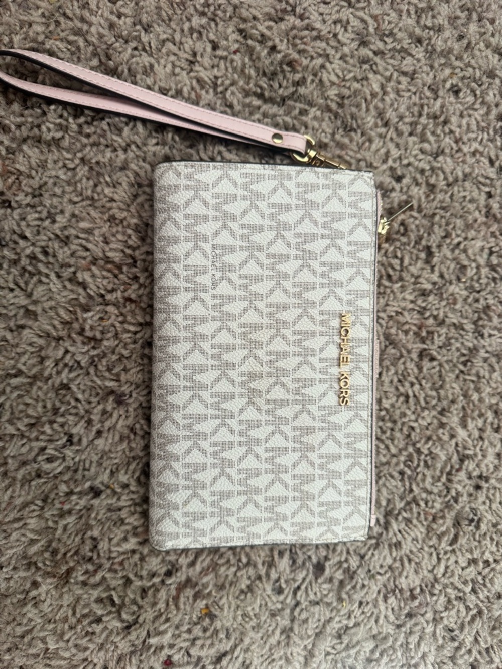 Michael Kors Beige Logo Wristlet with Light Pink Strap (Jet Set Wallet)